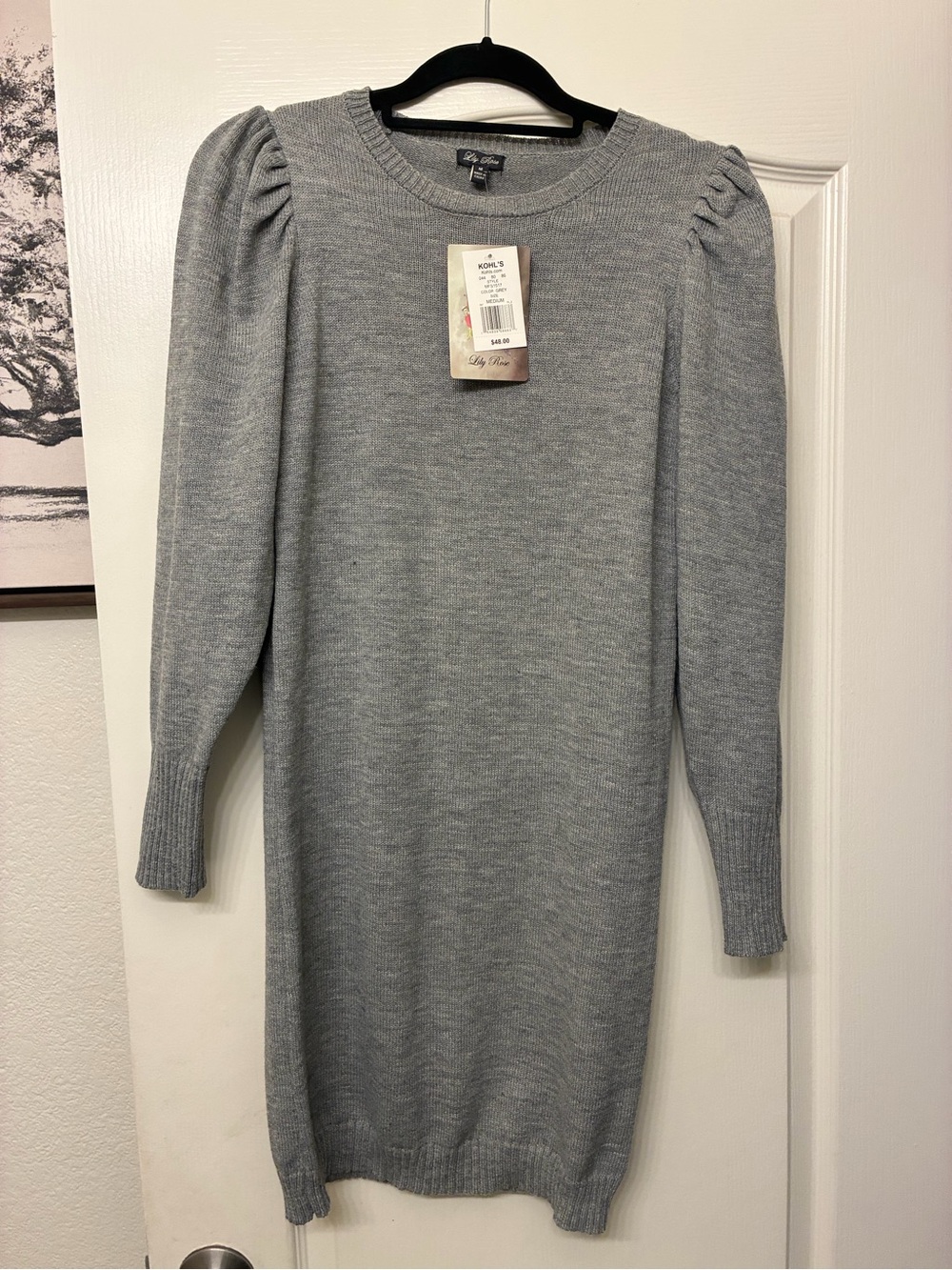 Lily Rose Light Gray Puff-Sleeve Knit Midi Dress